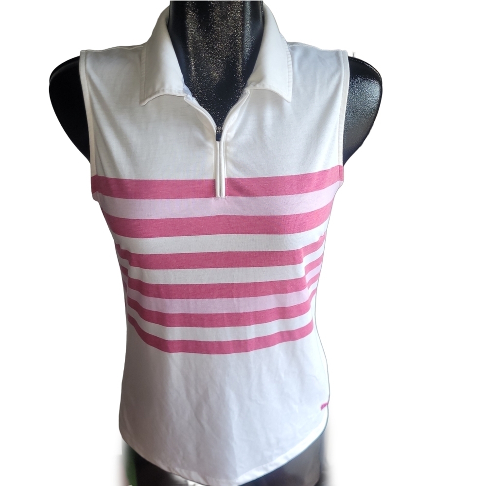 Puma Sleeveless Polo Top - Pink and White Striped Size M